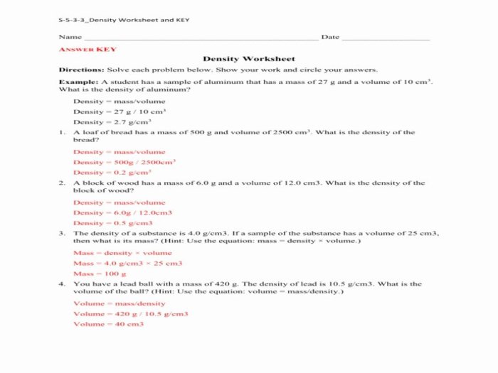 Density practice problem worksheet answers